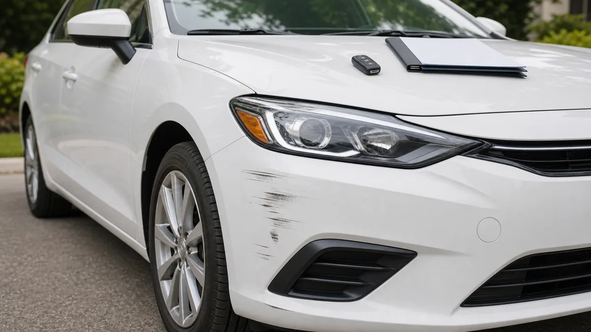 White car with bumper scuffs before lease return repair